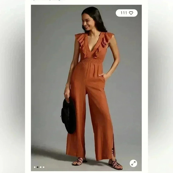 NWT Anthropologie V-Neck Ruffle Jumpsuit Orange Sz LP - Picture 1 of 8